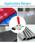 Drill powered sheet metal cutter attachment with quick connect scissor blade for cutting steel, stainless, barbed wire, and metal sheets