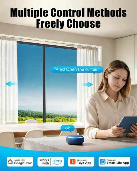 Smart Electric Curtain Track System For Windows 20 To 165 Inches With Remote Control Motorized Opener Voice Activated With Alexa Google Home Tuya Smart Life App Compatibility Scheduling And No Hub Needed, app control in room