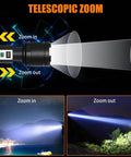 Ridiculously Bright Rechargeable LED Flashlight with Up to 200000 Lumens showing zoomable beam feature.