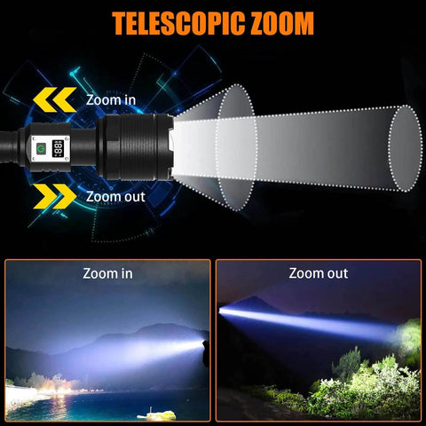 Ridiculously Bright Rechargeable LED Flashlight with Up to 200000 Lumens showing zoomable beam feature.