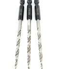 Three Piece Countersink Drill Bit Set With Wicked Sharp Tapered Edges And Heavy Duty Hex Shank, HSS steel, 11/64 inch size.