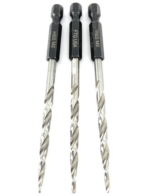 Three Piece Countersink Drill Bit Set With Wicked Sharp Tapered Edges And Heavy Duty Hex Shank, HSS steel, 11/64 inch size.