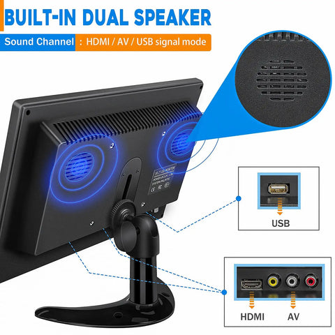 Back view of 10.1 Inch Mini Security Monitor with Remote and Dual Speakers showing HDMI VGA BNC USB inputs and speaker detail.