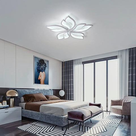 Five Leaf LED Ceiling Light With Remote Control For Living Room, 23.6-Inch Lit Flush Mount Chandelier, Acrylic White Leaves, 60W