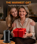 No Cap Self Heating Coffee Mug 14 Oz Rechargeable Smart Temperature Control Cup with red gift box and smiling women.