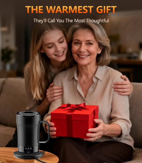 No Cap Self Heating Coffee Mug 14 Oz Rechargeable Smart Temperature Control Cup with red gift box and smiling women.