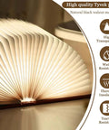 Wooden Folding Mood Light Book Lamp with USB Rechargeable Battery, large size on desk, natural black walnut, warm glow, open design