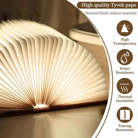 Wooden Folding Mood Light Book Lamp with USB Rechargeable Battery, large size on desk, natural black walnut, warm glow, open design