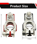 Premium Battery Terminal Connectors Set 2 Rustproof Positive And Negative Top Post Clamps with washers showing sizes and dimensions.