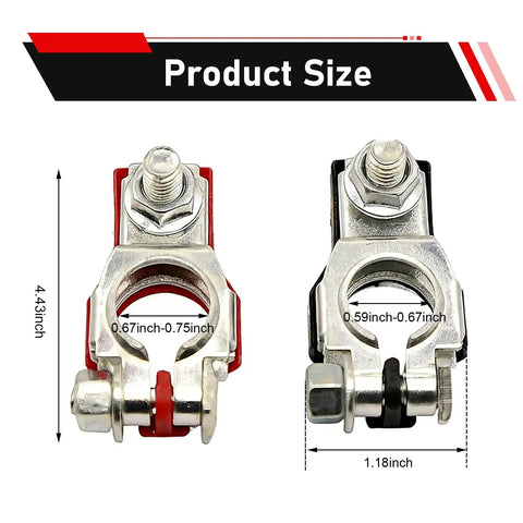 Premium Battery Terminal Connectors Set 2 Rustproof Positive And Negative Top Post Clamps with washers showing sizes and dimensions.