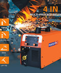 Super Cool 4 In 1 Portable Welding Machine That Gets The Job Done With Gasless Flux Core Mig, Stick, And Lift Tig Capabilities Plus Smart Synergic Control For Smooth Dual Voltage Operation, showing compact design and control panel.