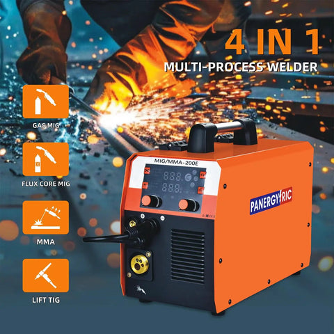 Super Cool 4 In 1 Portable Welding Machine That Gets The Job Done With Gasless Flux Core Mig, Stick, And Lift Tig Capabilities Plus Smart Synergic Control For Smooth Dual Voltage Operation, showing compact design and control panel.