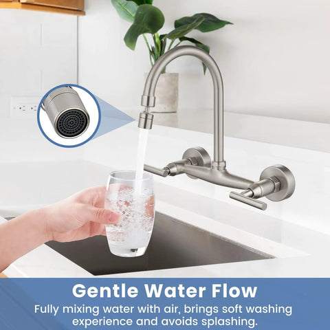 Workhorse Wall Mount Kitchen Faucet With 8 Inch Centers, Double Handles, 360 Degree Swivel Spout, Pull Angle Spray running water