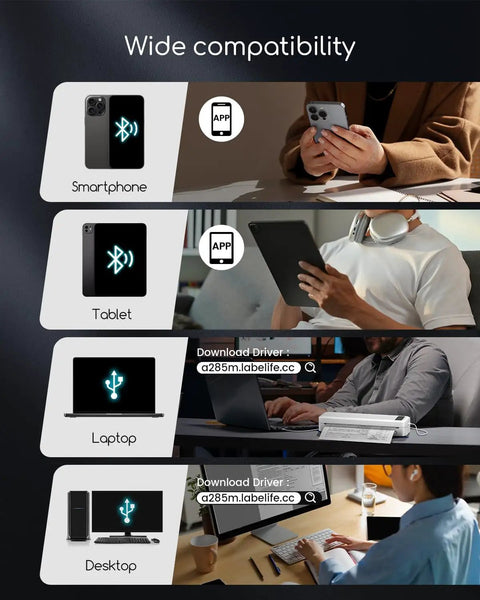 Real Deal Inkless Portable Printer Wireless Bluetooth Thermal Compact Travel Setup Rechargeable Battery Lightweight Handheld Machine compatibility with smartphone, tablet, laptop, and desktop.