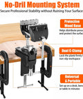 Heavy Duty 360 Degree Swivel Bench Gun Vise With Dual Table Clamps And No Sweat Zero Drill Mounting on a wooden surface.