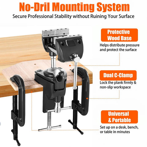 Heavy Duty 360 Degree Swivel Bench Gun Vise With Dual Table Clamps And No Sweat Zero Drill Mounting on a wooden surface.