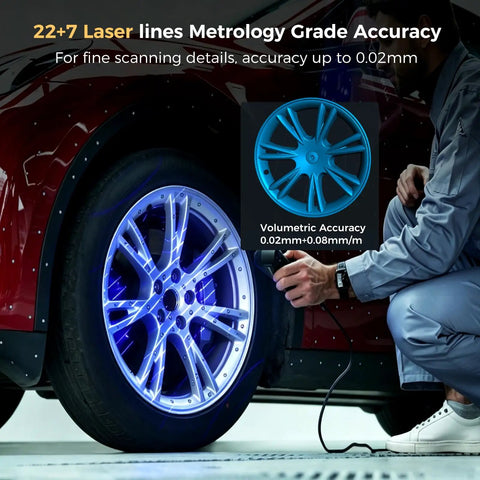 Raptor Pro 3D Scanner Delivers Metrology Grade Accuracy Up To 0.02mm At 60FPS With Blue Laser Array And NIR Structured Light For Fast, Pinpoint Precision Scans Of Medium To Large Objects For 3D Printing scanning a car wheel