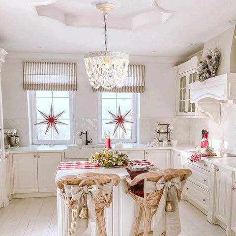 Cozy kitchen with Three Light Wood Bead Pendant Light With Boho Engraved Pattern Ring Fixture For Farmhouse Hallway Nursery Bedroom Bathroom Kitchen Ceiling Hanging Lighting That Brings Cozy Rustic Vibe And Modern Hallway Charm
