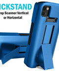 Kickass Protective Kickstand Case And Ratchet Holster Combo For Zebra TC53 TC58 Mobile Computer showing blue kickstand for vertical or horizontal use.