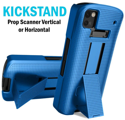 Kickass Protective Kickstand Case And Ratchet Holster Combo For Zebra TC53 TC58 Mobile Computer showing blue kickstand for vertical or horizontal use.