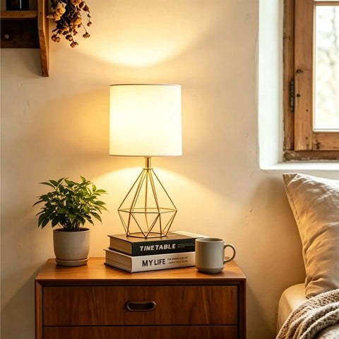 Gold Table Lamps Set Of 2 Dope End Table Lamps With White Fabric Shades, Compact Nightstand Lighting, geometric metal base in a bedroom.