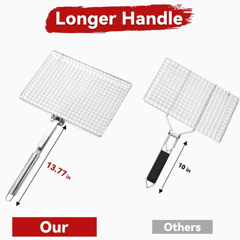 Comparison of extra large grill basket with a longer 13.77 in handle and detachable handle, versus a standard 10 in handle model.