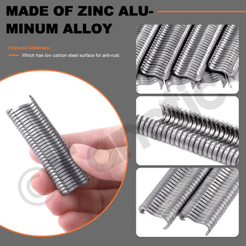 Built Tough Type M Hog Ring Clips And M Nails 3000 Pcs Zinc Plated Aluminum Upholstery Staples displayed in hand.
