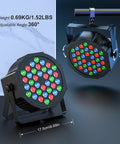 Six In One Party Lights With Nine 18W RGBWA And UV LEDs, rechargeable, showing size and 360-degree adjustability.