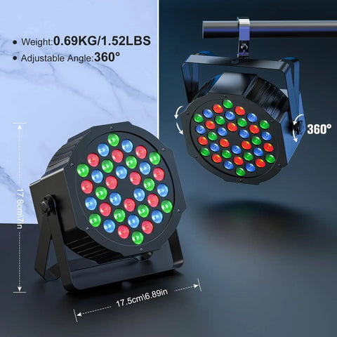 Six In One Party Lights With Nine 18W RGBWA And UV LEDs, rechargeable, showing size and 360-degree adjustability.