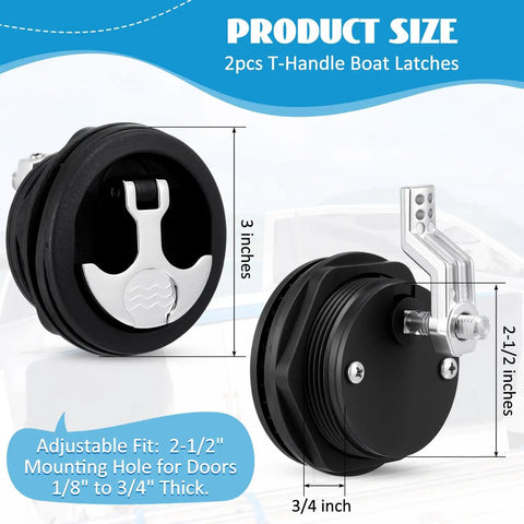 Two Pack 2-1/2 Inch T Handle Boat Latches With Key Lock And 3 Inch Nylon Hatch Latches With Zinc Alloy Offset Cam Bar displayed