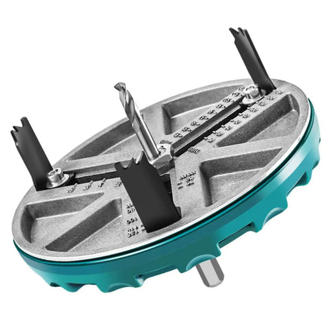 Adjustable Hole Saw Tool Kit For Wood And Drywall Cutting, close-up of three-flute round hole cutter with easy depth adjustment