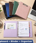 Open Six Pack 3 Ring Binder Clipboard Set with 1 inch linen binders showing dividers and labels with additional clipboards