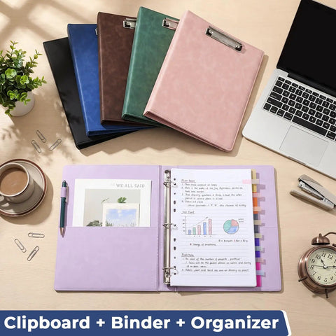 Open Six Pack 3 Ring Binder Clipboard Set with 1 inch linen binders showing dividers and labels with additional clipboards
