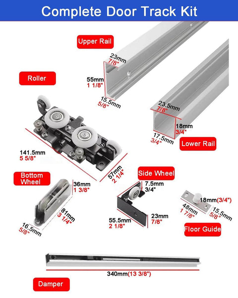 Hidden Sliding Barn Door Hardware Kit With Wall Mount Ghost Track for Soft Close, components layout with measurements.