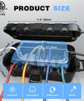 Heavy Duty Outdoor Electrical Box With Six Cable Entry Ports IP54 Waterproof ETL Certified Tough As Nails Weatherproof Box for power strips and cables, shown open with dimensions labeled.