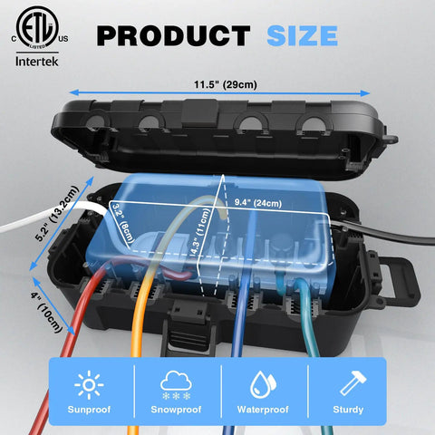 Heavy Duty Outdoor Electrical Box With Six Cable Entry Ports IP54 Waterproof ETL Certified Tough As Nails Weatherproof Box for power strips and cables, shown open with dimensions labeled.