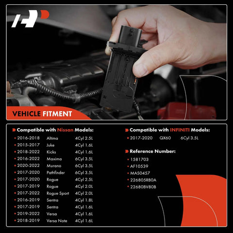Mass Air Flow Sensor MAF 4 Pins For Nissan Altima 2016-2018 Sentra 2016-2019 held above engine bay, showing fitment chart.