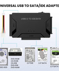3 In 1 Universal Hard Drive Adapter For 2.5 And 3.5 Inch SATA IDE HDD SSD To USB 3.0 Reader, up to 5Gbps, black adapter with cable
