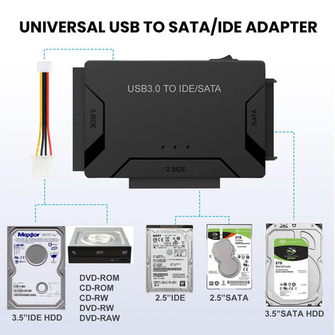 3 In 1 Universal Hard Drive Adapter For 2.5 And 3.5 Inch SATA IDE HDD SSD To USB 3.0 Reader, up to 5Gbps, black adapter with cable