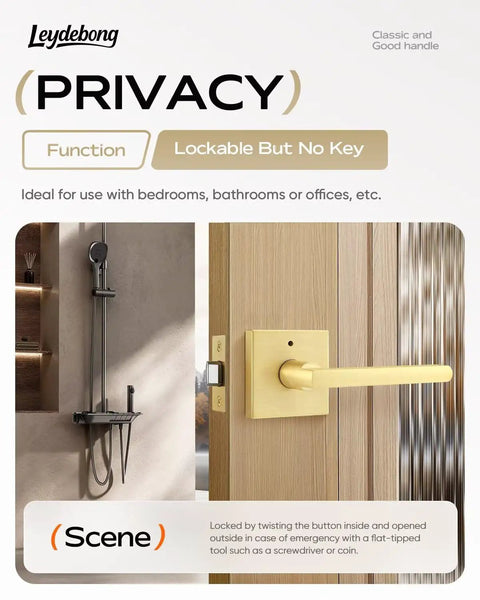 Gold Finished Heavy Duty Interior Door Handle Set With No Fuss Privacy Lever For Bedroom And Bathroom on wooden door
