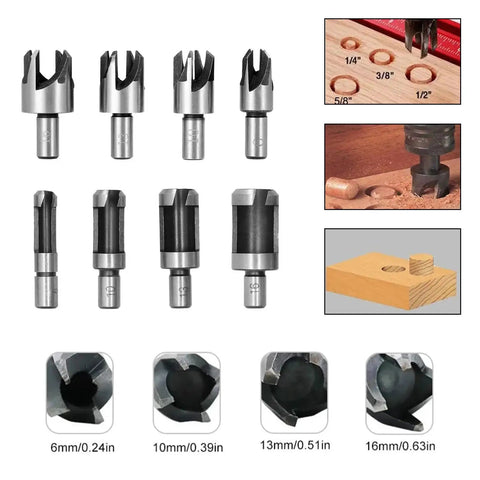 Badass Eight Piece Wood Plug Cutter Drill Bit Set Forged From Rock Solid High Carbon Steel With Killer Edge Retention includes various sizes.