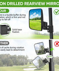 Heavy Duty Golf Cart Rearview Mirror No Drill Required Folding Adjustable 180 Degrees with solid base fixation visible.