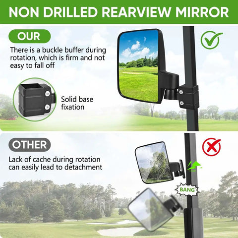 Heavy Duty Golf Cart Rearview Mirror No Drill Required Folding Adjustable 180 Degrees with solid base fixation visible.