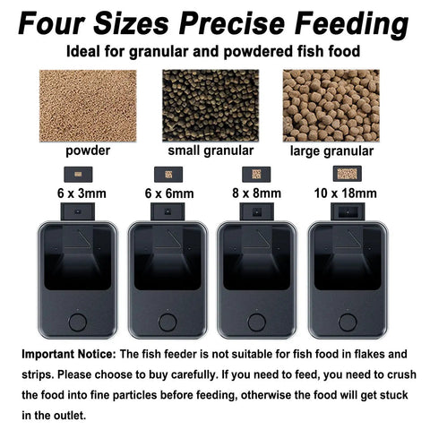 Hassle Free Wifi Smart Automatic Fish Feeder For Home Aquarium With App Programmable Timer showing four granular sizes for precise feeding.