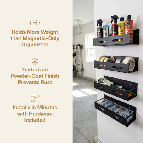 Total Workspace Game Changer Four Piece Wall Mounted Metal Storage Rack Kit Designed To Lock Down Heavy Tools Hardware And Car Care Gear Neatly Along Your Shop Walls With Tough Black Textured Powder Coat Finish