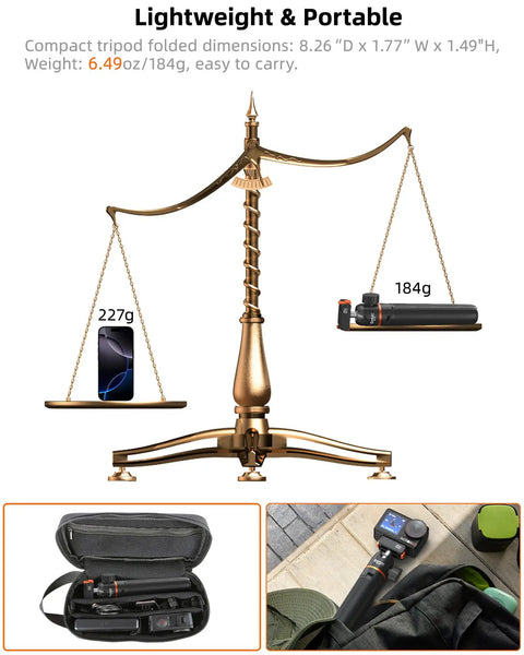 Balance scale comparing magnetic travel selfie stick tripod for DJI cameras to a phone with case and outdoor setup