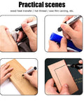No Sweat Quick Heat Thread Burning Pen trims and melts frayed edges on fabric and wood in practical crafting scenes.