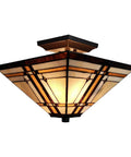 Mission Style 14 Inch Ceiling Fixture Lamp Semi Flush Mount With Wide Stained Glass In Tan Brown Antique Vintage Look