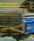 No Sweat 12V 30Ah LiFePO4 Lithium Battery With 30A BMS And LCD Meter showcasing features like waterproof and grade A cells.