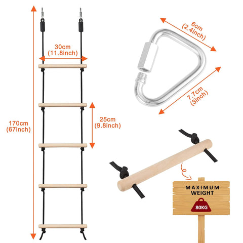 Rope Ladder For Kids Climbing Obstacle Course With Sturdy Wood Beams And Top Hooks, Hanging Ladder For Swing Set, 5.58Ft Long 11.8In Wide